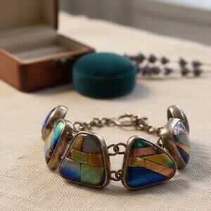 Vintage Artisan Dichroic Glass Bracelet - Sterling Silver Multicolor Links - 925